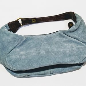 Small powder blue suede Roots clutch